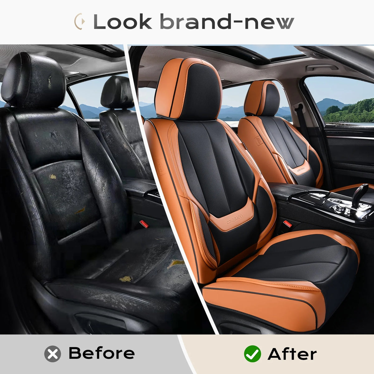 Coverado Black Front Car Seat Covers, Stylish Waterproof Premium Leather Automotive Seat Protectors, Airbag Compatible Auto Interior Accessories Universal Fit for Most Cars SUV Pick-up Trucks