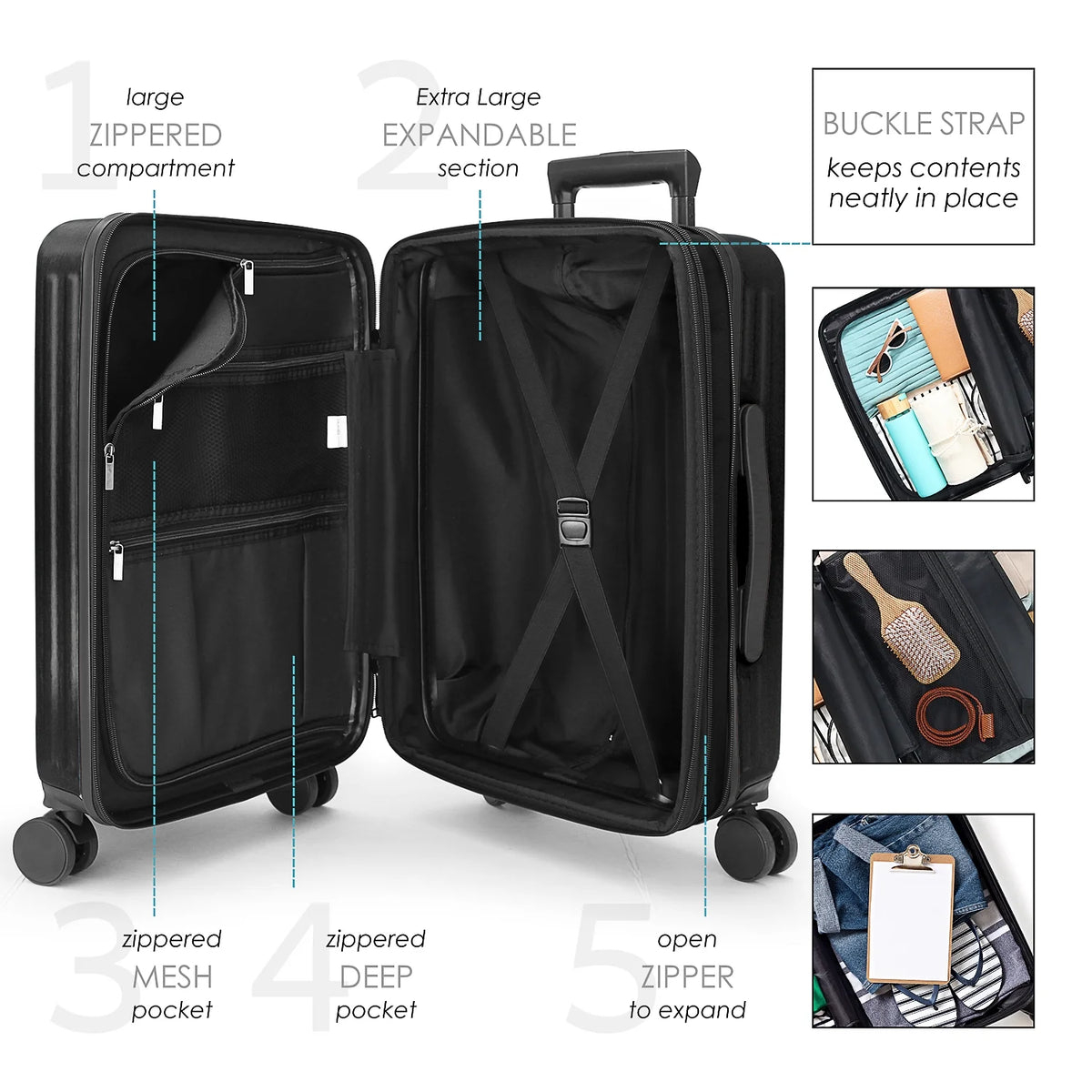 Virtu 4 Piece Hardshell Exapandable Luggage Set, Spinner Luggage Suitcase Set, Navy Blue