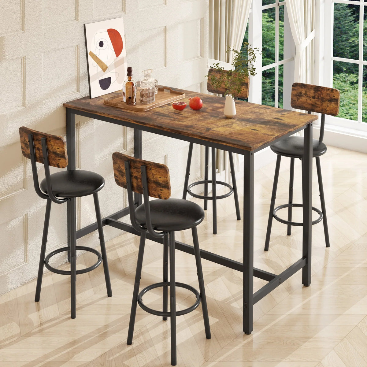 SYNGAR 5 Piece Bar Table Set, Modern Counter Height Dining Set, Home Dining Table and Chairs Set for 4, Kitchen Breakfast Table Set with 4 Cushioned Stools, Bistro Pub Table Set, Rustic Brown