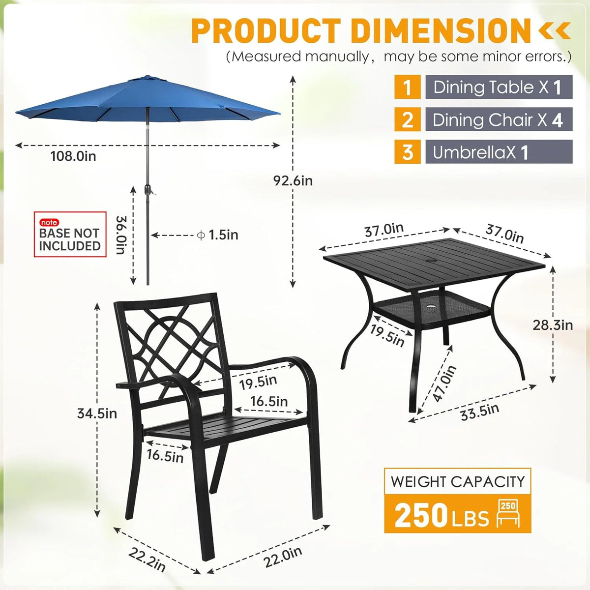 SUNCROWN 5-Piece Outdoor Wrought Iron Chairs and Table Patio Dining Furniture Set - 4 Stackable Metal Chairs, 1 Steel Slat Bistro Table and 1 Sky Blue 9Ft Patio Umbrella for Garden Backyard Deck