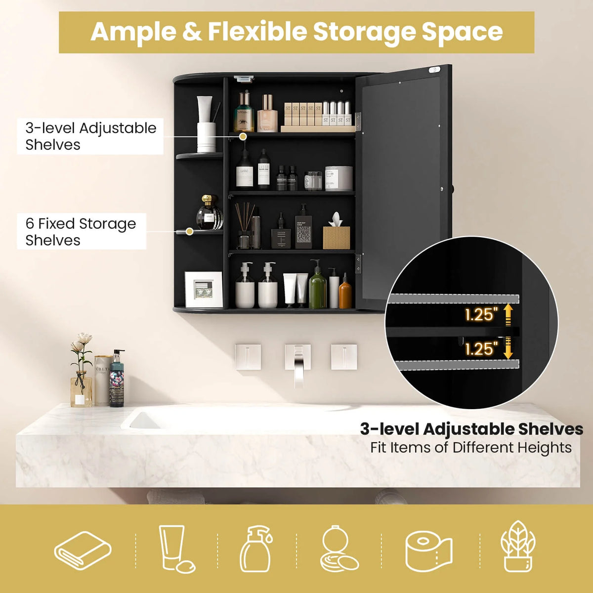 Costway, White, Medium Density Fiberboard, Multipurpose Mount Wall Surface Cabinet Mirror Glass, 26.00 x 6.50 x 23.50 Inches