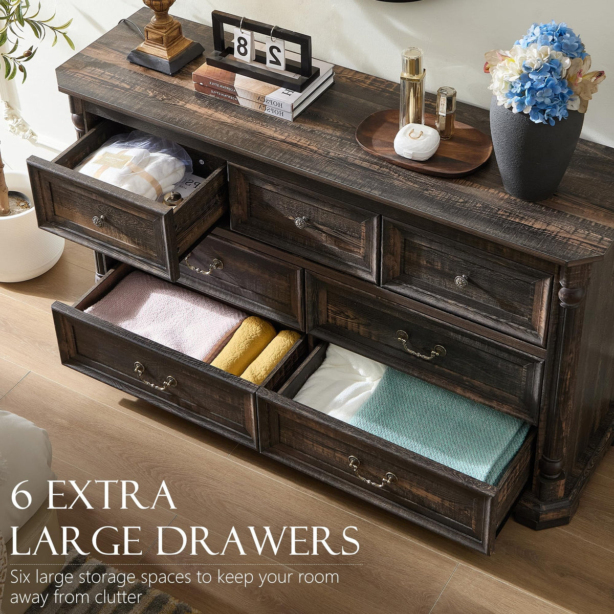 Brafabhome Rattan 6 Drawers Dresser for Bedroom, Vintage Boho Double Dresser Wicker Chest with Wooden Legs for Living Room Hallway| Mint