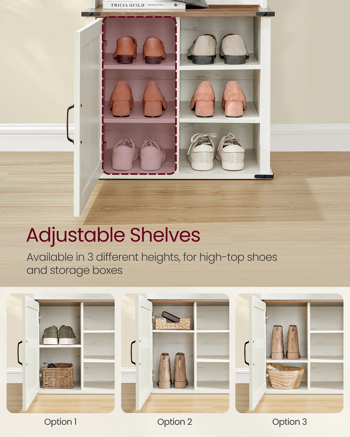 Farmhouse-Inspired Entryway Organizer, Triple Hooks & Built-In Shoe Bench, Hall Tree Entryway Bench for Mudroom & Foyer, Space-Saving Coat Rack with Storage Cabinet, Rustic White and Honey Brown