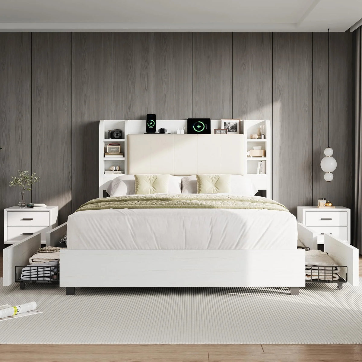 PLAUIN King Size Bed Frame with Storage Drawers, 47.2" Headboard and Wooden Platform, Grey
