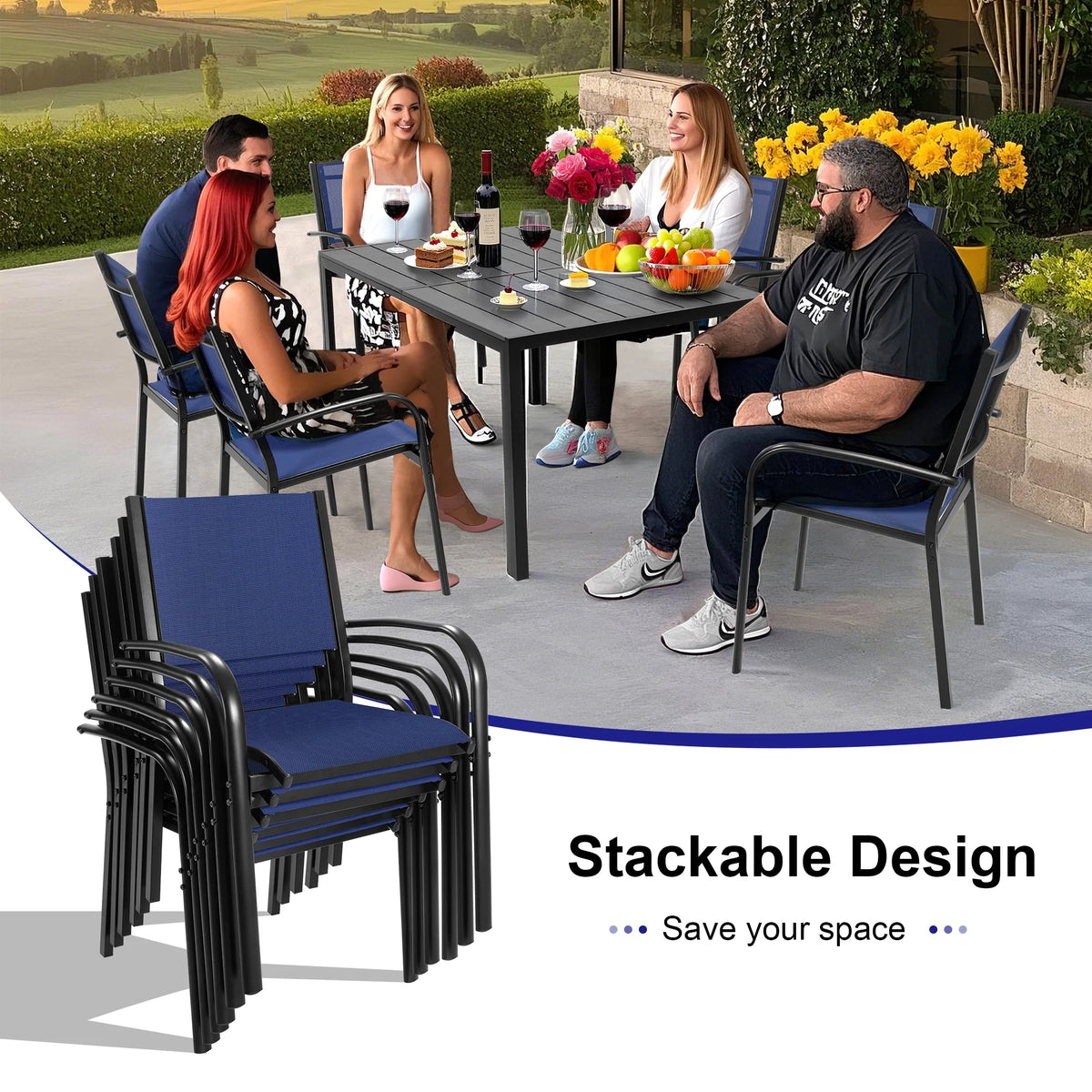 Seizeen 7-Piece Outdoor Table and Chairs, Patio Table Set with 6 Rattan Chairs, All-weather Outdoor Patio Dining Sets Rectangular Metal Table with Acacia Wood Top, Umbrella Hole, Gray