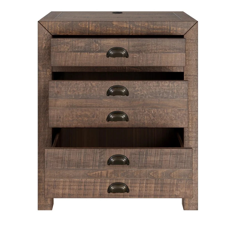 Rustic Farmhouse Style Three-Drawer Solid Pine Wood Nightstand  Set of 2,with Cup Pulls and Integrated Charge Station