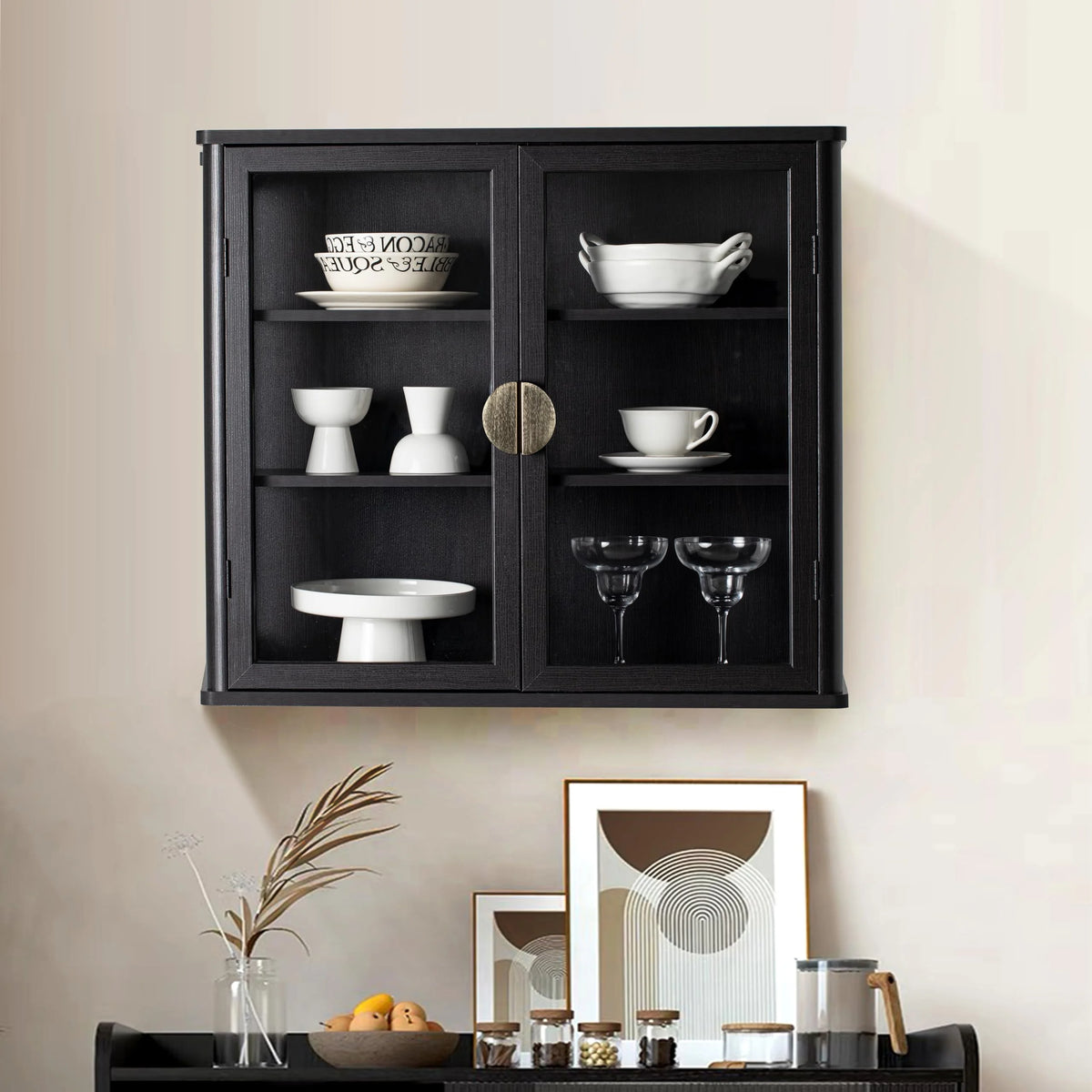 POLIHOME Display Wall Cabinet with Tempered Glass Doors��Storage Cabinet with Adjustable Shelves