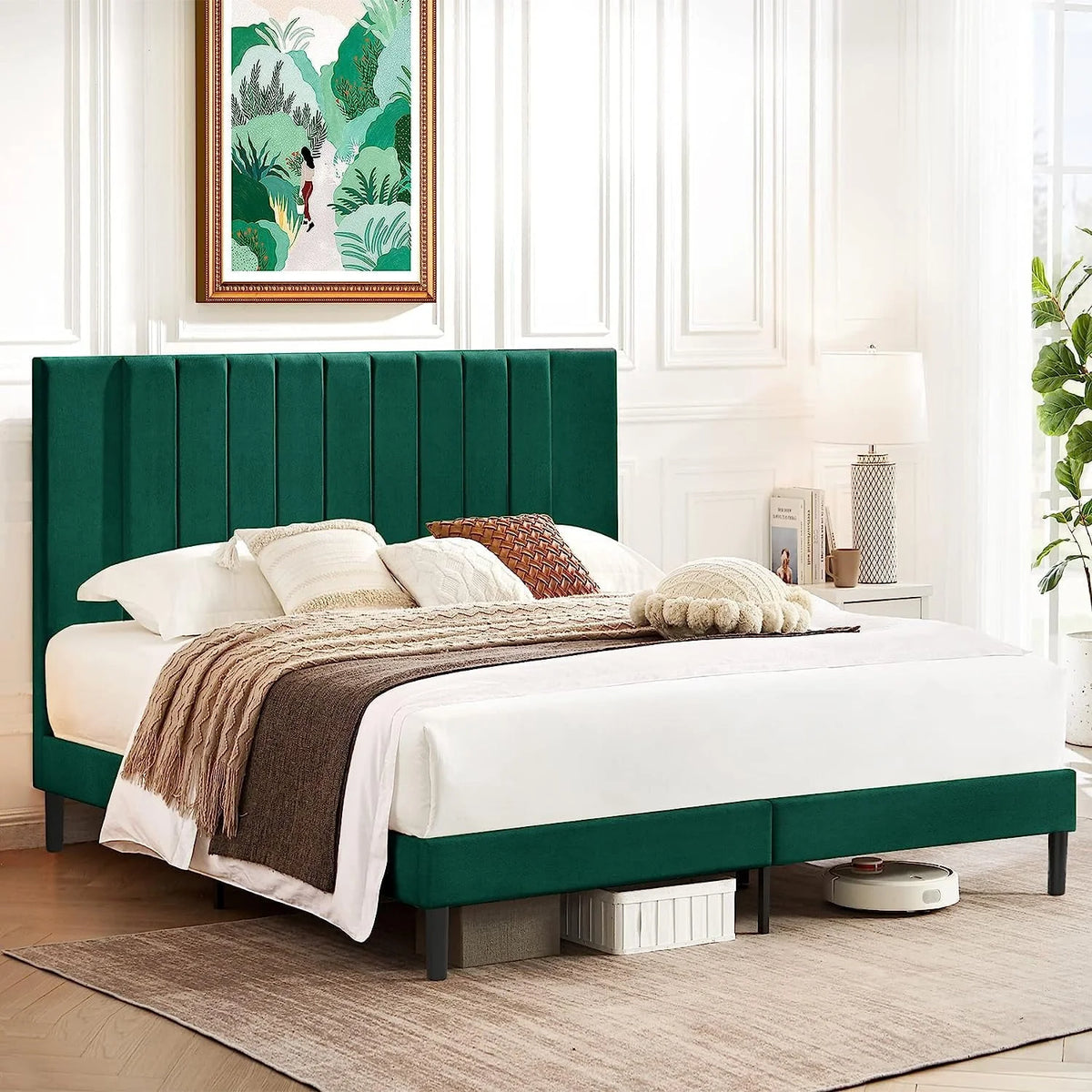 Flolinda King Bed Frame Upholstered Bed Frame with Vertical Channel Tufted Complete High Headboard, Blue