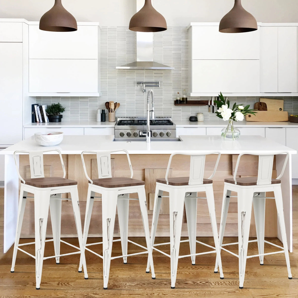 Andeworld Bar Stools Set of 4 Counter Height Stools Industrial Metal Barstools with Wooden Seats( 24 Inch, Distressed White )
