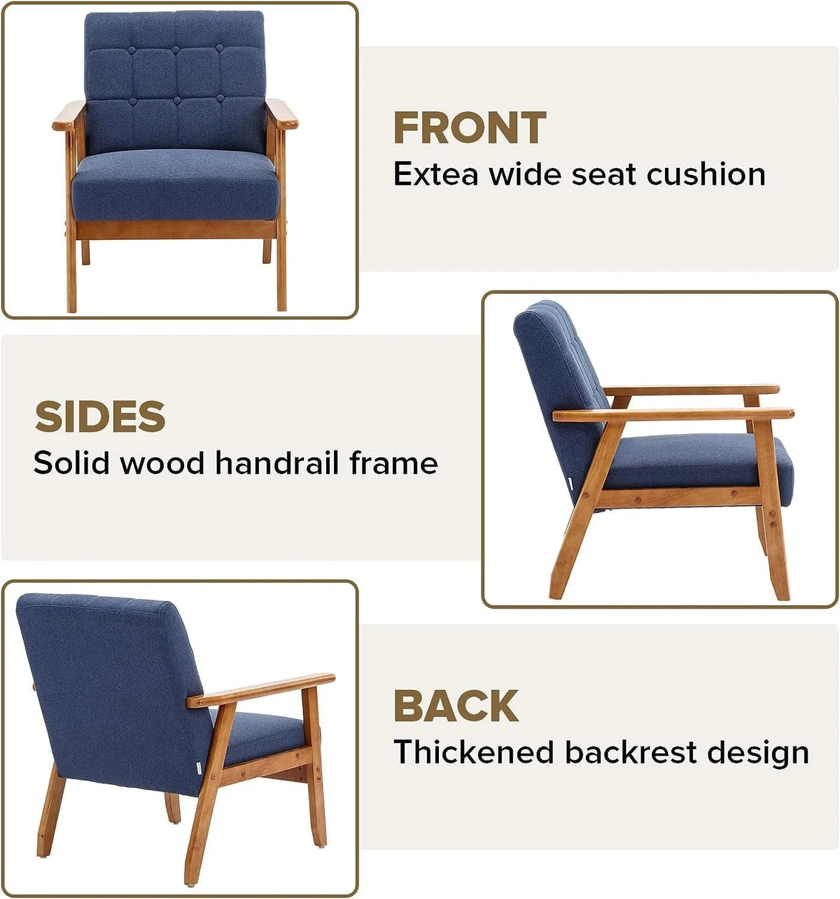 Ufurpie Mid Century Modern Armchair with Wood Frame,Linen Fabric Comfy Reading Chair,Accent Chair for Living Room Bedroom,Navy