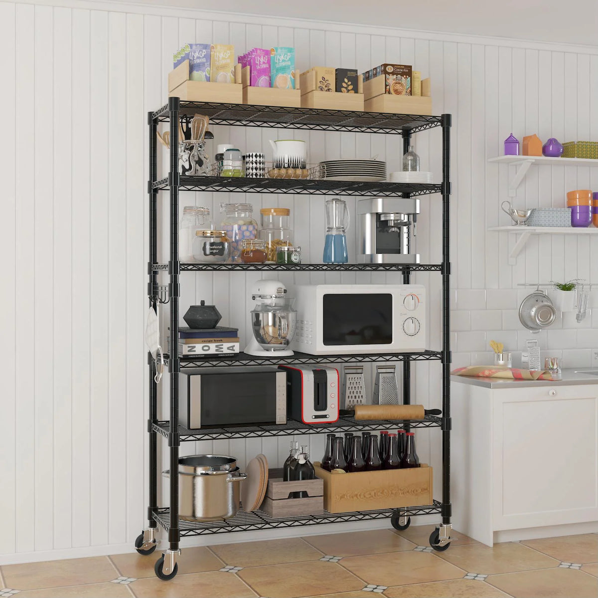Ktaxon 6 Tier Wire Shelving with Wheels, 46"D x 18"W x 82"H Multifunctional Storage Rack Metal Garage Shelves Organizer, Capacity for 900lbs, Silver