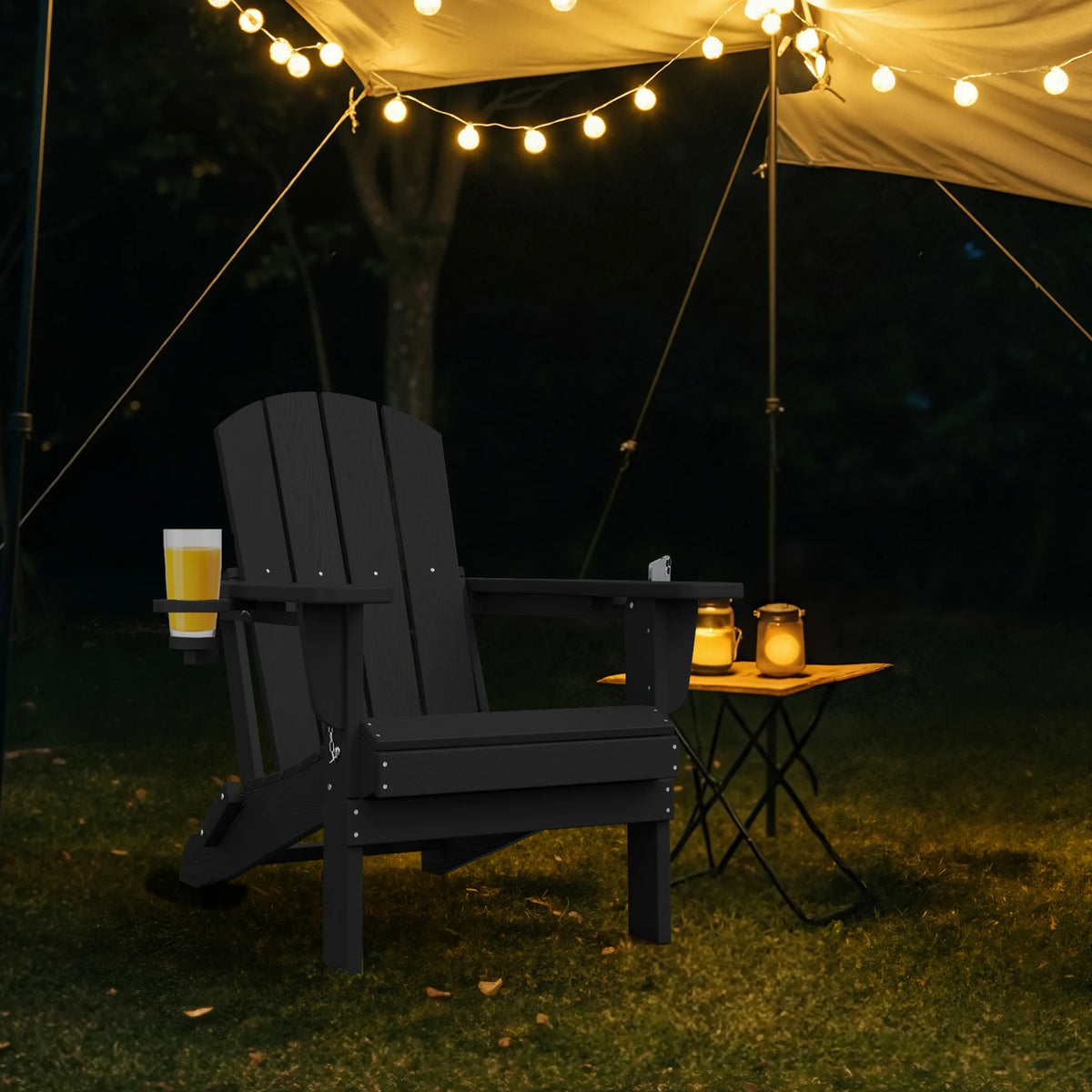 SERWALL Folding Adirondack Chair Set with Dual Cup Holders & Phone Holder, All-Weather HDPE Fire Pit Chairs for Outdoor, Patio, Poolside, Garden - Black