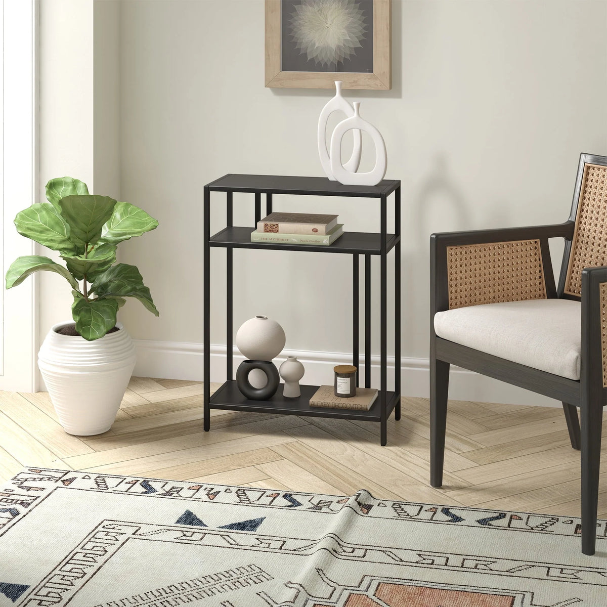 Evelyn&Zoe Industrial 22 in. Blackened Bronze Console Table with Metal Shelves