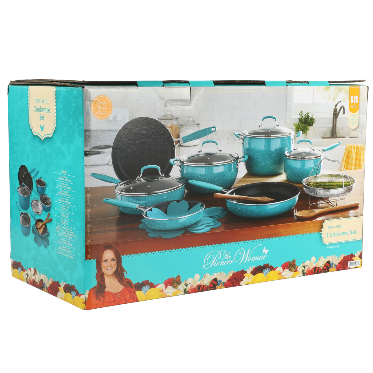 The Pioneer Woman Frontier Speckle 18 Piece Nonstick Aluminum Cookware Set, Blue