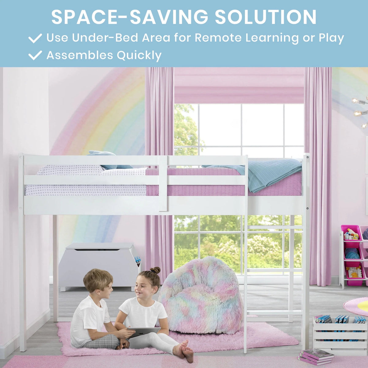 Delta Children Twin Loft Bed with Guardrail and Ladder, White