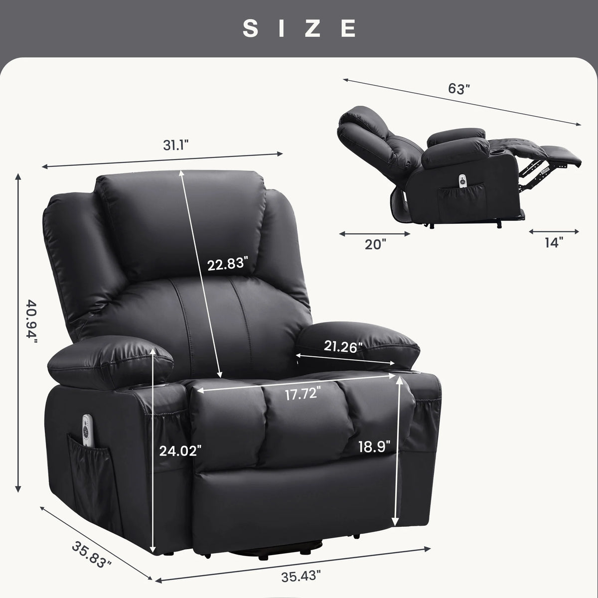 JONPONY Power Lift Recliner Chair Recliners for Elderly with Heat and Massage Recliner Chair for Living Room with Infinite Position and Side Pocket,USB Charge Port,Black