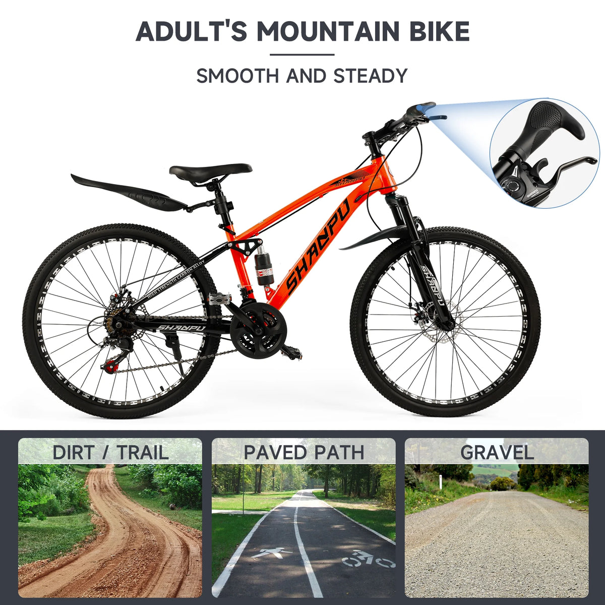 ARTUDATECH 26 Inch Wheel Full Suspension Mens Mountain Bike, Shimano 21 Speed,  Dual Disc Brake Bike for Men Womens Adult Bicycle With Bike Lock And Air Pump, orange