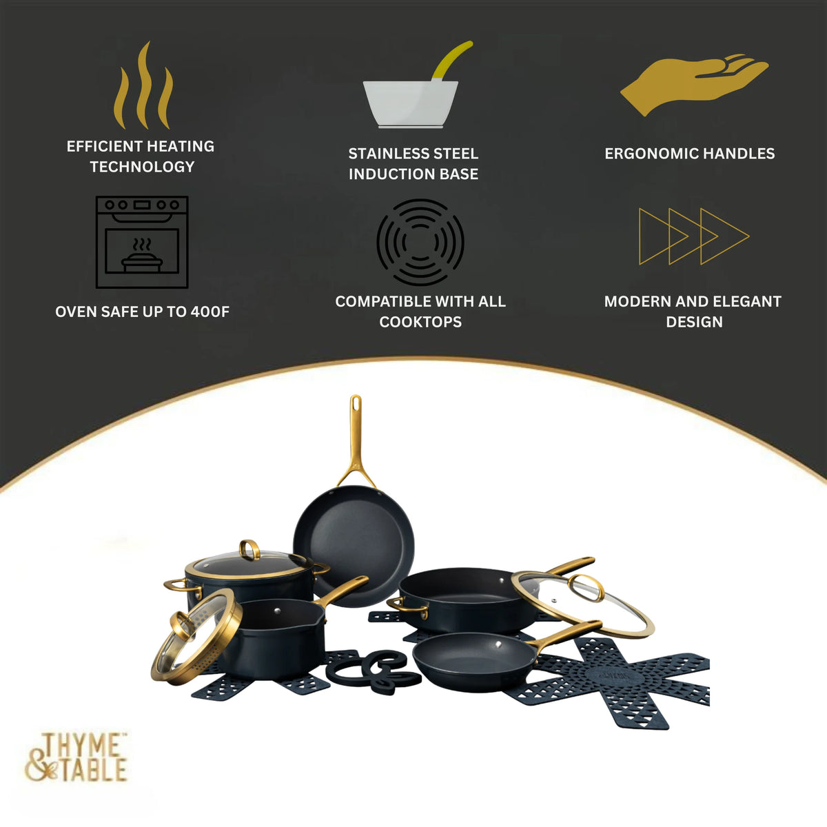 Thyme & Table 12-Piece Non-Stick Supreme Cookware Set, Pots and Pans Set - Cream