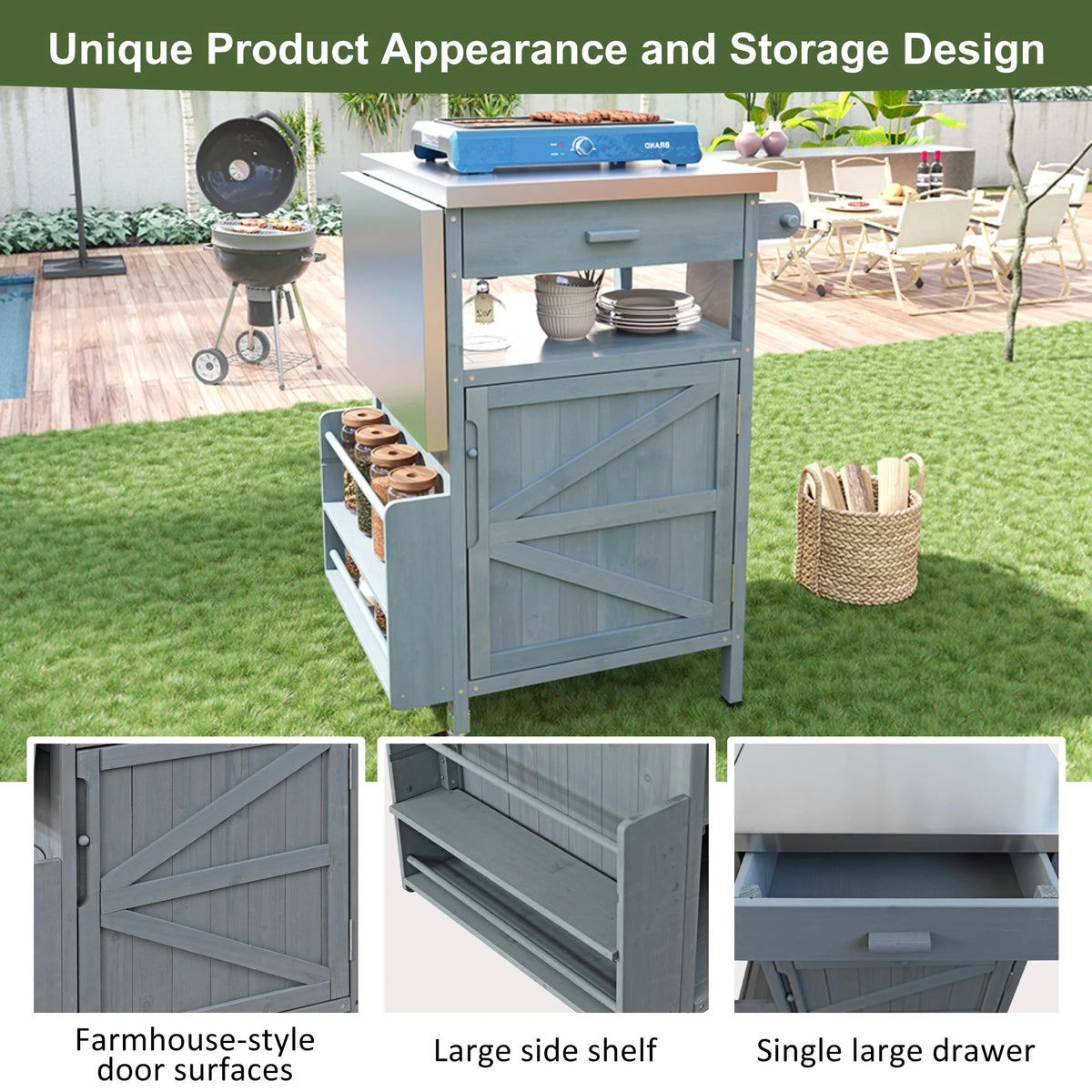 Bellemave Outdoor Serving Cart Kitchen Island Solid Wood Mobile Rolling Bar Cart with Lockable Wheels, Rack and Stainless Steel Top Beverage Storage Counter Table with Cabinet for Patio, Natural