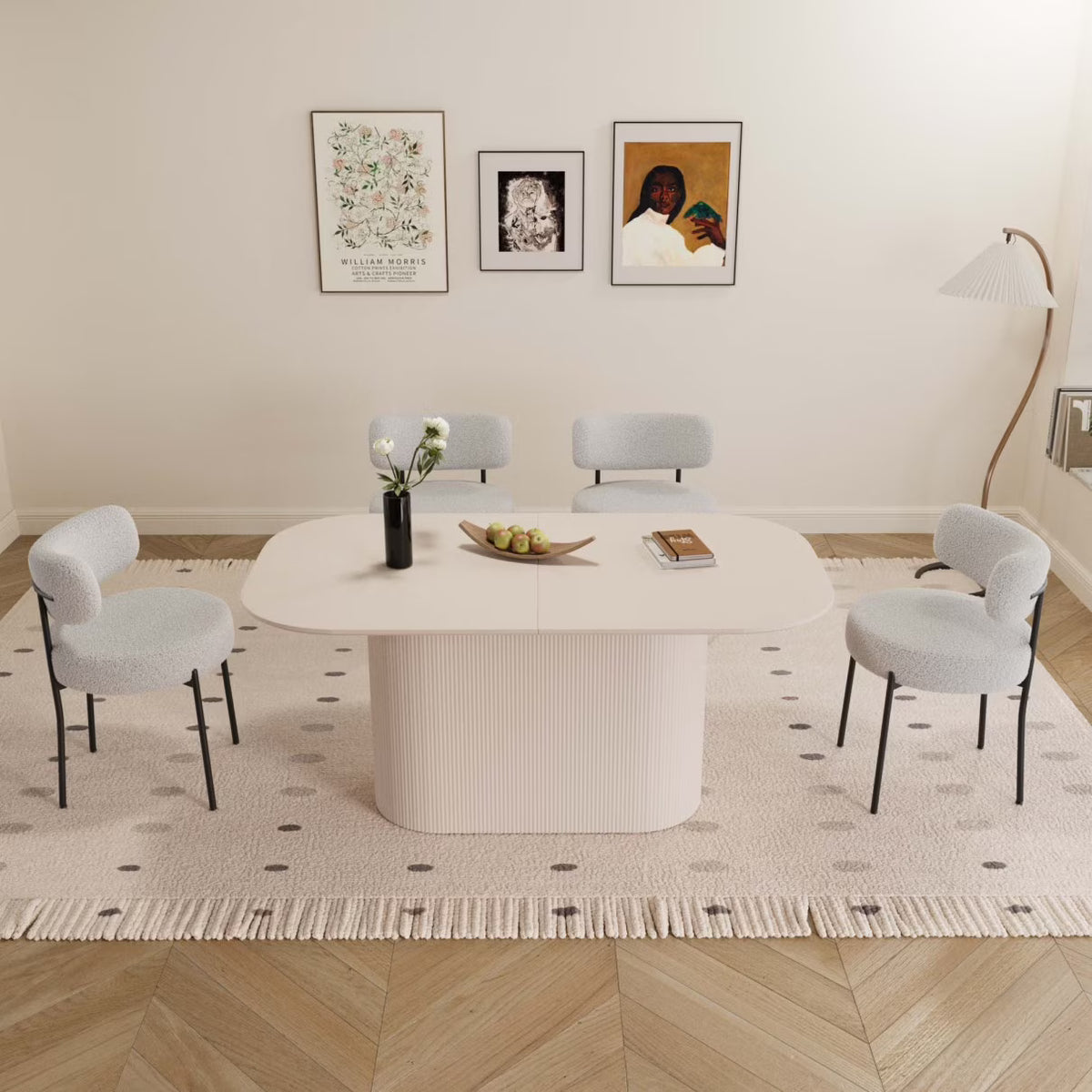 63 Inch Oval Dining Table Set with 6 Cushioned Chairs, Modern Wooden Dining Room Table Waterproof Scratch-Resistant Tabletop, Cream White for Family Gatherings