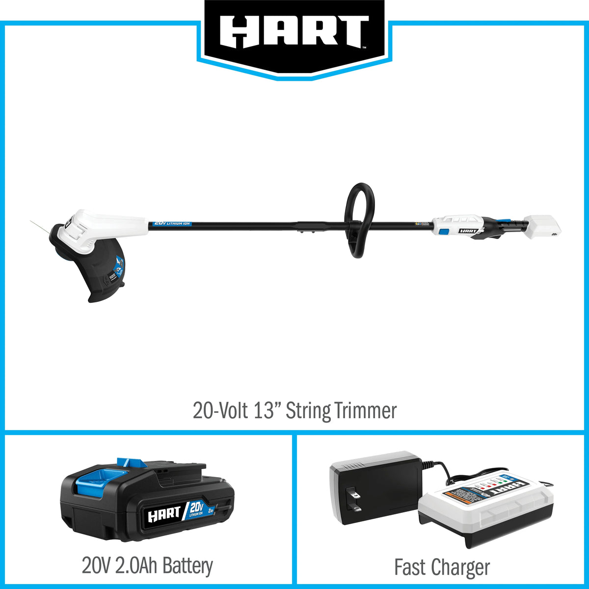 HART 20V Cordless 13" String Trimmer Kit, (1) 2.0 Ah Lithium-Ion Battery