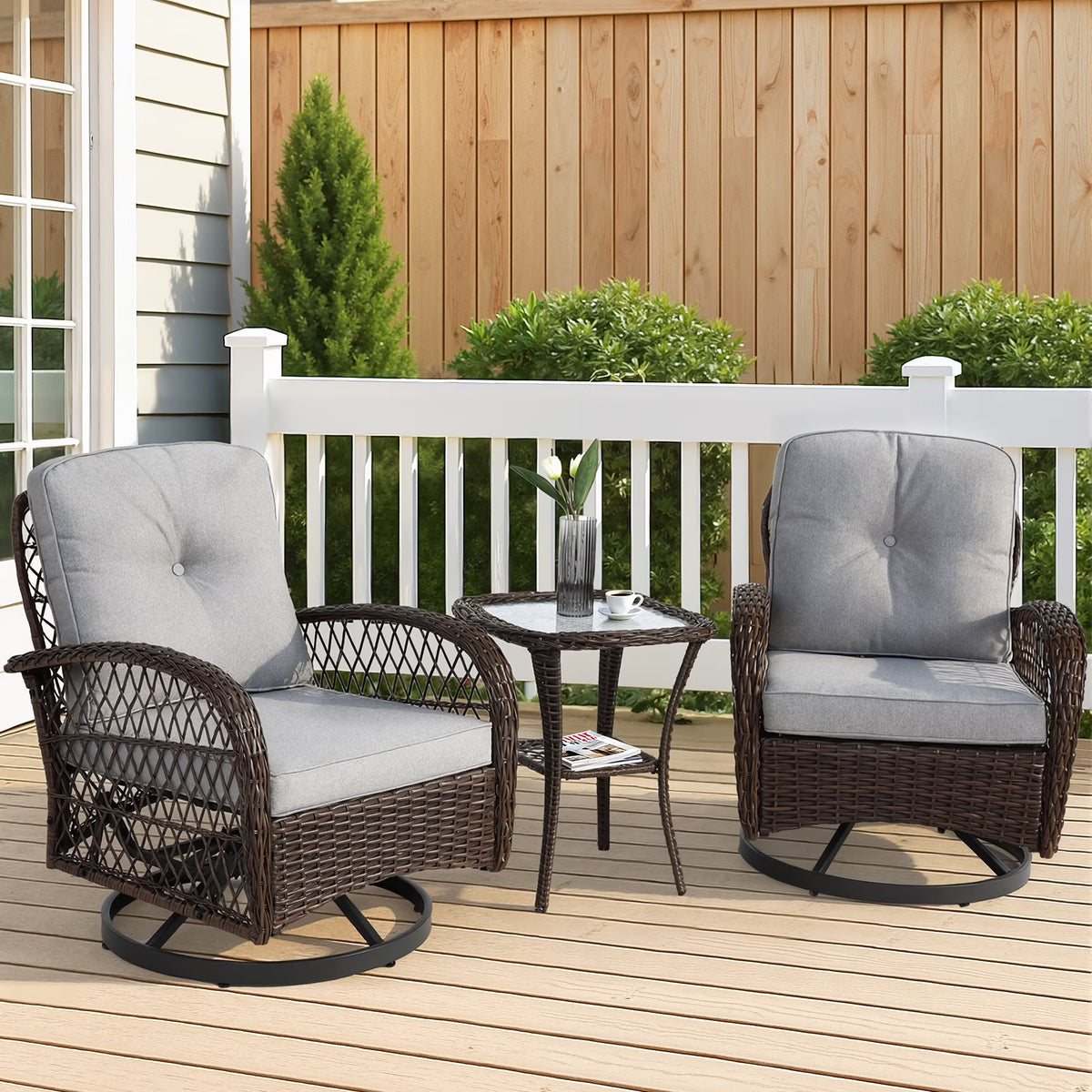 3 Piece Patio Swivel Rocker Chairs Set, 2 360-Degree Swivel Rocking Chairs with 1 Glass Top Table, PE Rattan Outdoor Bistro Set with Cushions for Balcony Deck Poolside Backyard Porch
