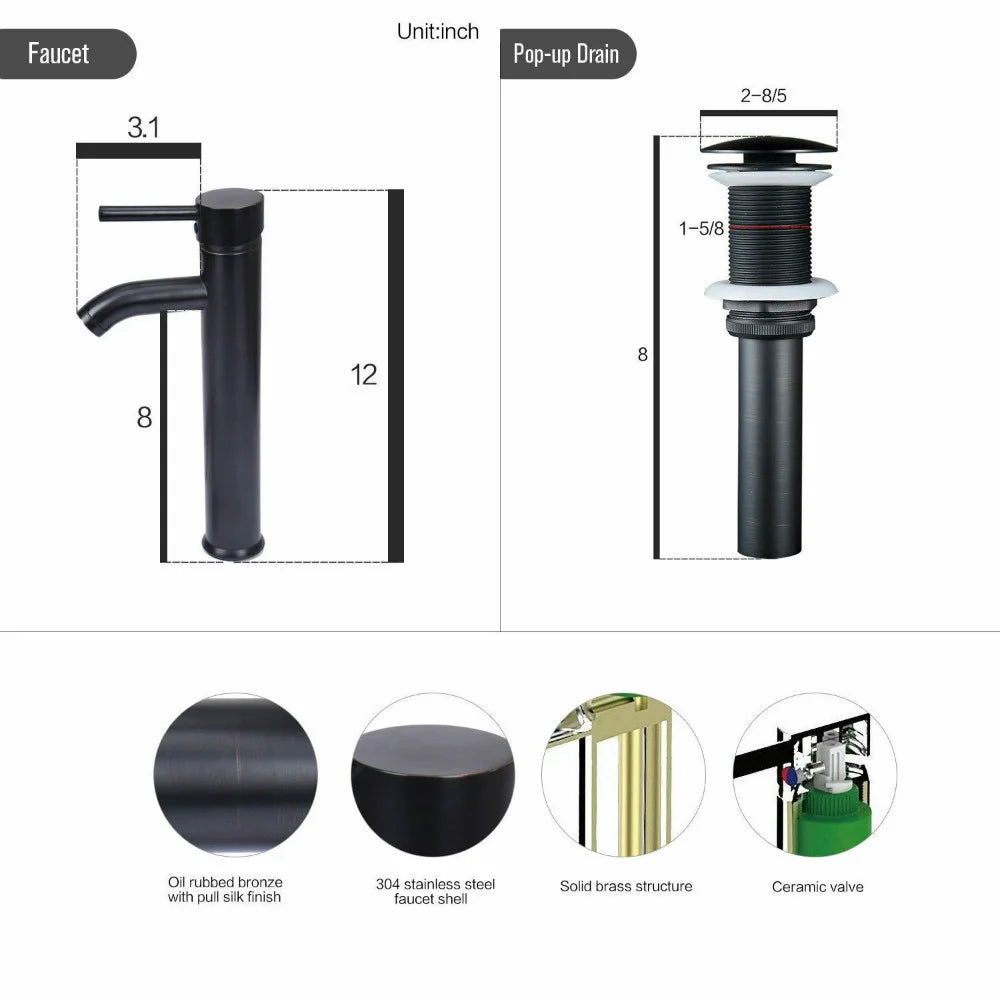 FULLWATT Bathroom Ceramic Sink Vanity Vessel Basin Porcelain Faucet Drain Combo Rectangle,White