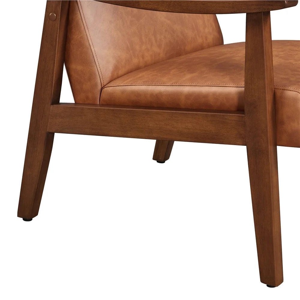 Yaheetech Mid-Century Upholstered Faux Leather Armchair with Solid Wood Legs,Brown