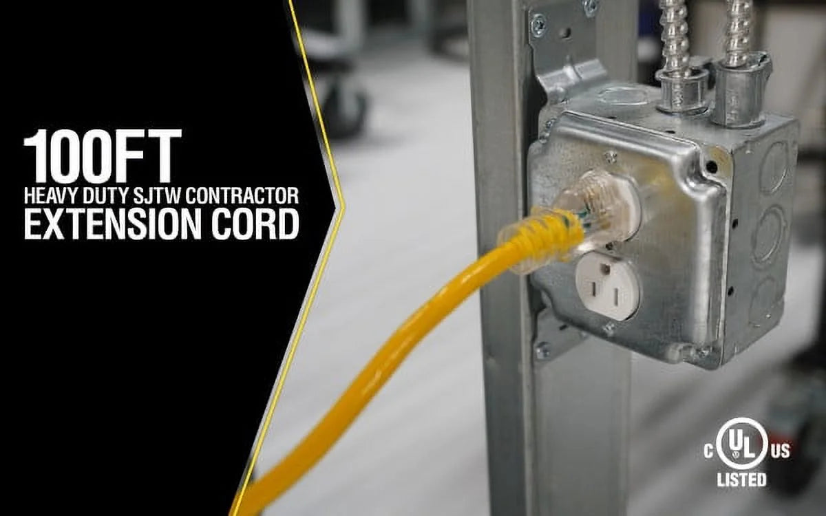 Yellow Jacket 2885 12/3 100' Yellow SJTW Heavy-Duty Extension Cord