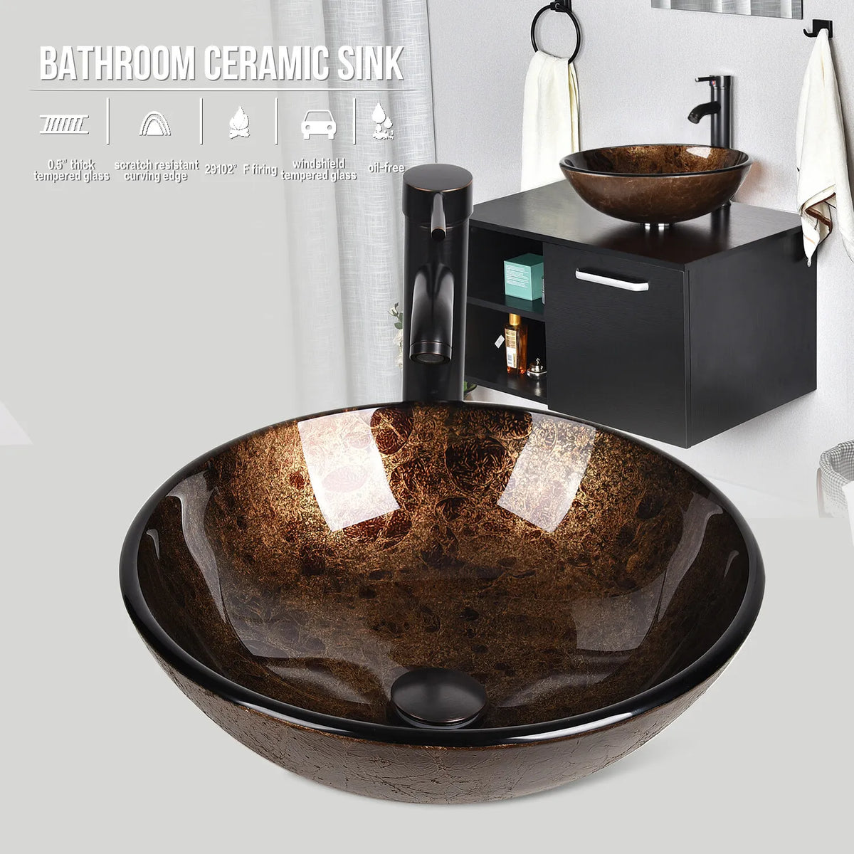 FULLWATT Bathroom Ceramic Sink Vanity Vessel Basin Porcelain Faucet Drain Combo Rectangle,White