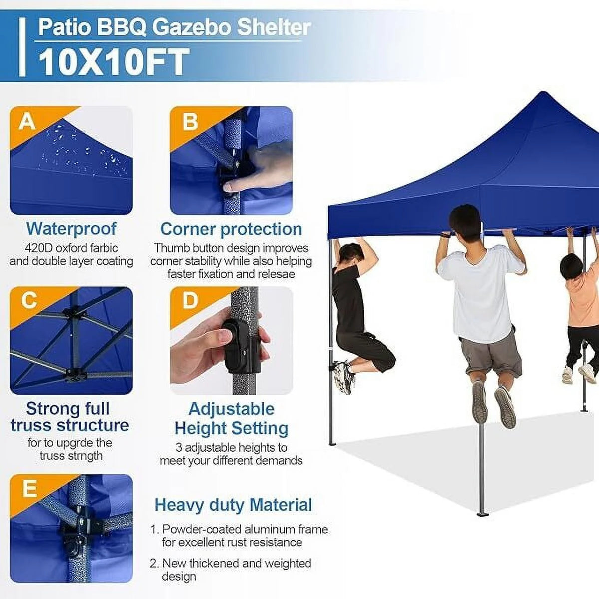COBIZI 10x10 Heavy Duty Pop-up Canopy Tent for Outside, UPF 50+ Waterproof and Instant Outdoor Shelter, Outdoor Canopy for Beach,Party,Camping with Rope,Stake and Carrying Bag,White(Frame Thickened)