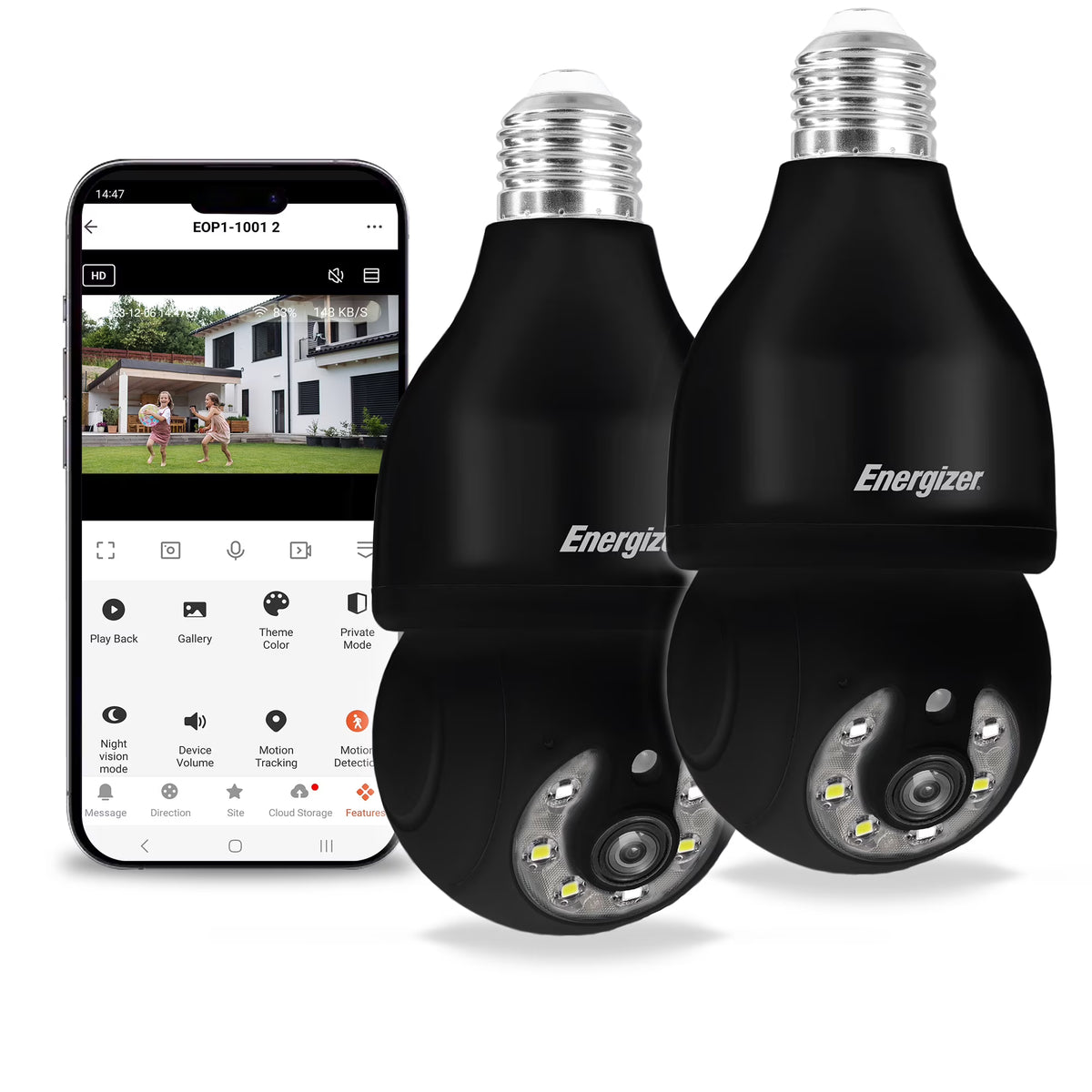 Energizer Smart Light Bulb Security Camera 2-Pack, Outdoor Socket Camera, 1080p, Auto Tracking, Pan & Tilt, Night Vision, 2-Way Audio, Instant Alerts, Remote Access, Works with Google Home & Alexa