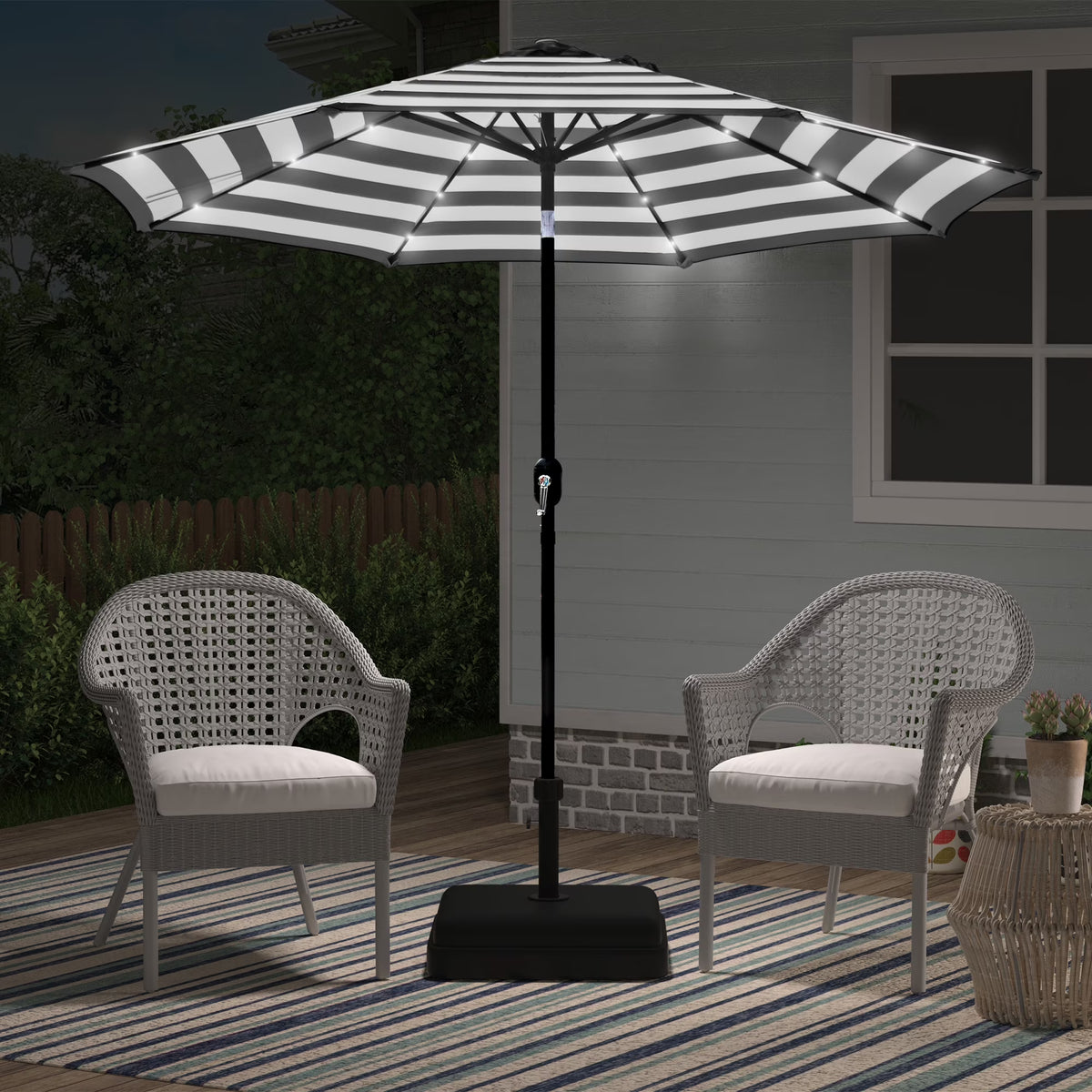 Abble 9' Black and White Striped Octagon Lighted Patio Umbrella, LED Lights