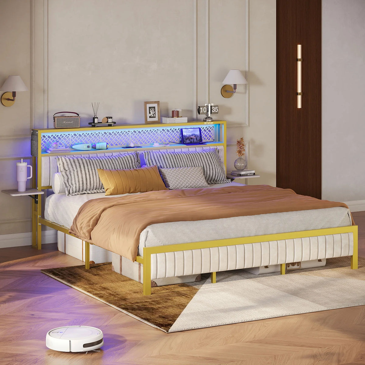 Bestier Queen Size Platform Bed Frame with Wood Foldable Bedside Shelves and LED Storage Headboard Charge Station, Gray