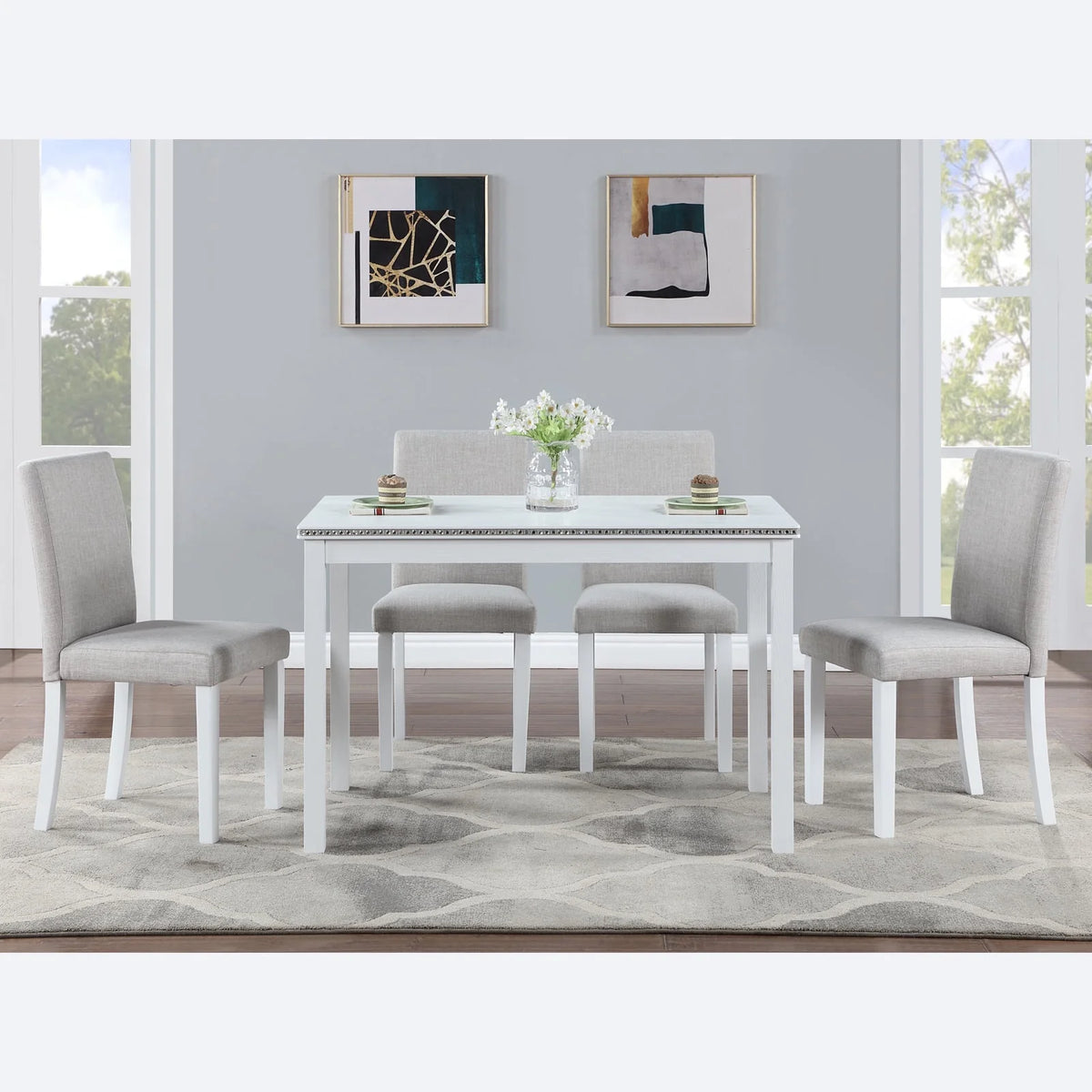 PORKISS Dining Table Set for 4, Solid Wood Dining Room Set with 1 Square Table 4 Upholstered Chairs, Dinner Table with Padded Chairs for Home Kitchen, Gray