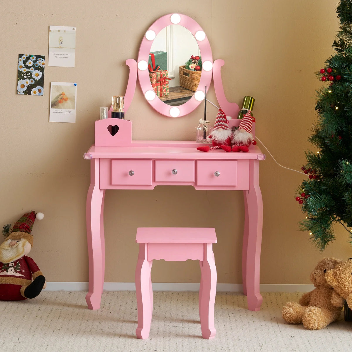 Zimtown Kids' Vanity Set with 3-Color LED Lighted Mirror Makeup Table with Matching Stool, Purple