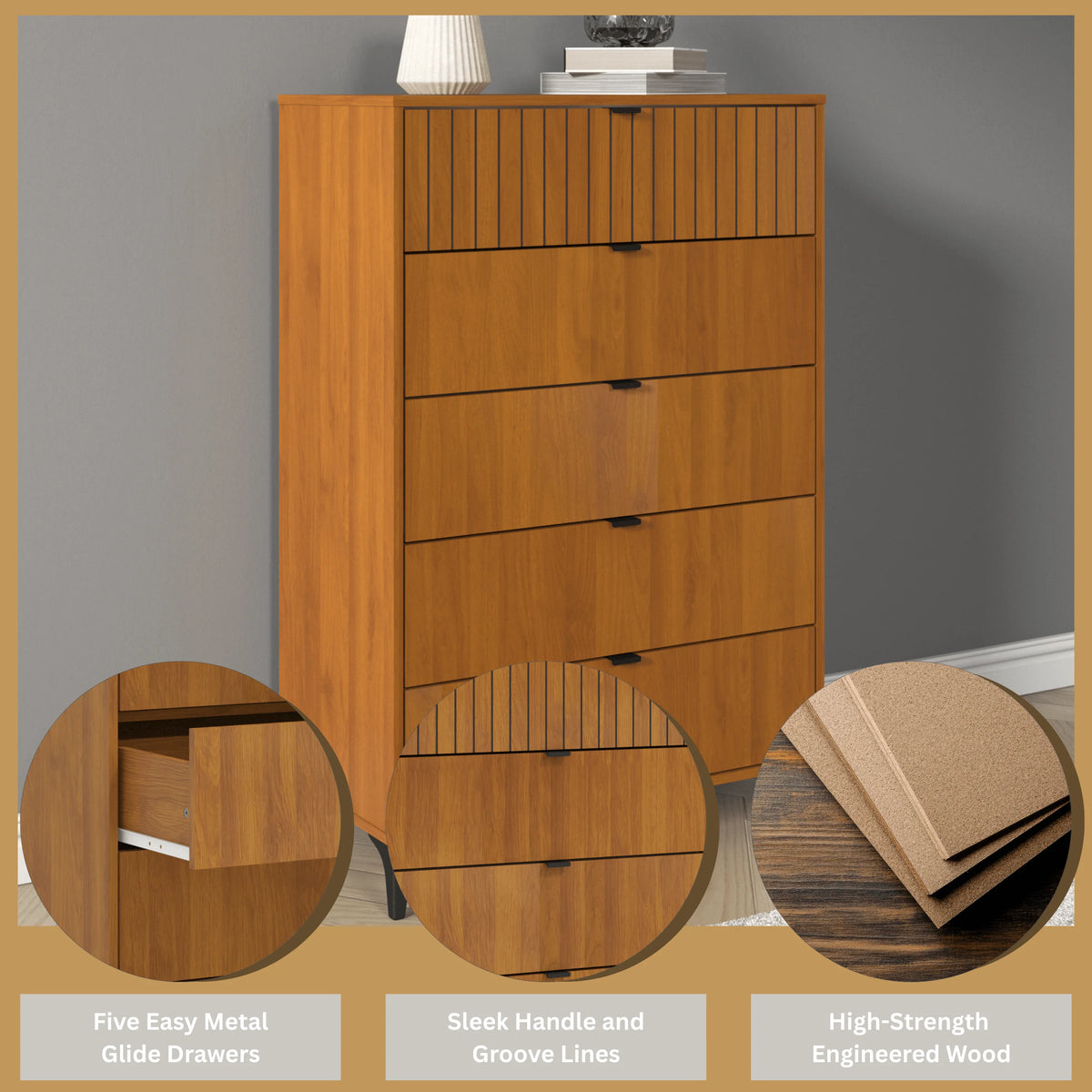 Galano Zaffy 5 Drawer Dressers for bedroom , Dusty Grey Oak