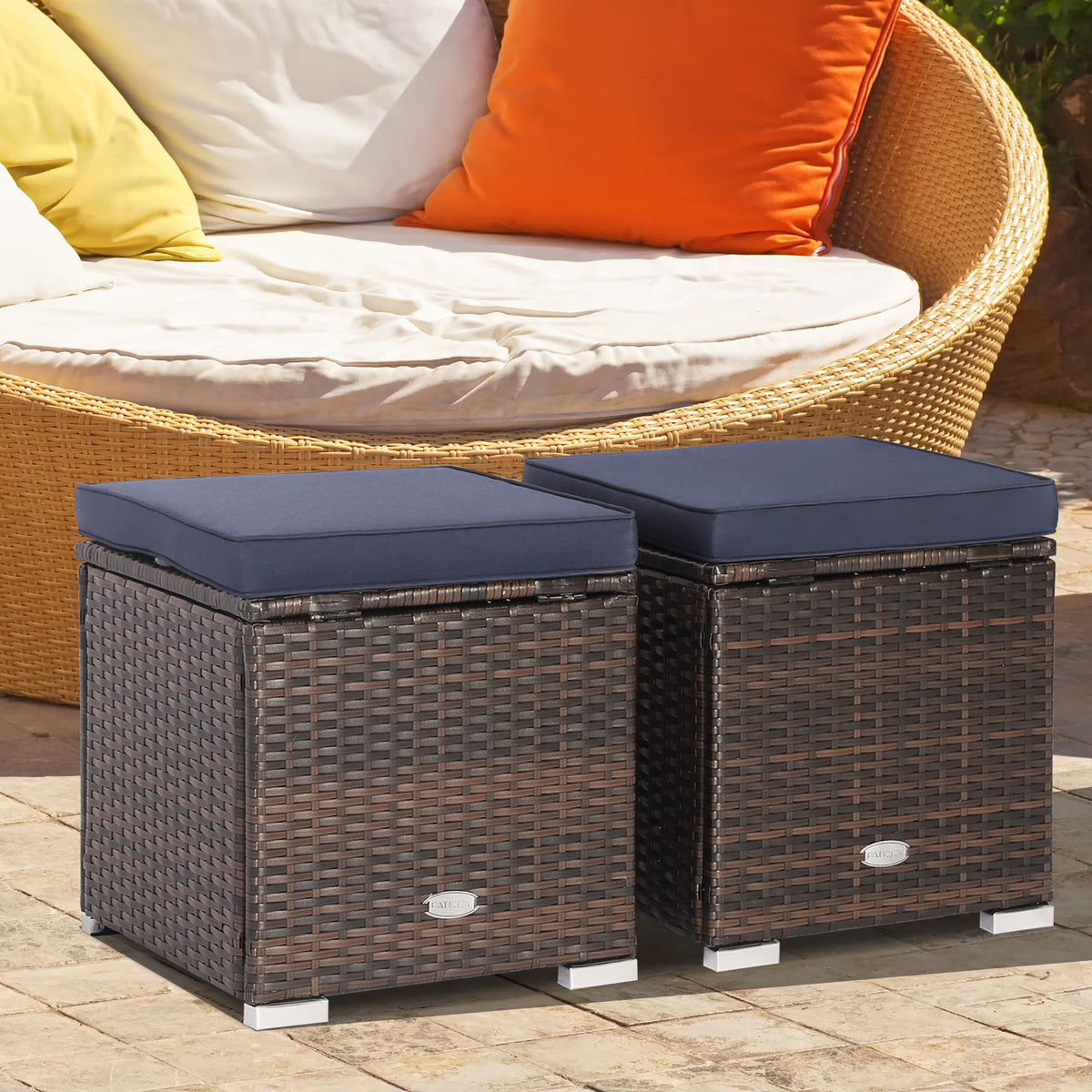 Costway 2PC Patio Rattan Ottoman Seat Side Table Storage Box Footrest Off White