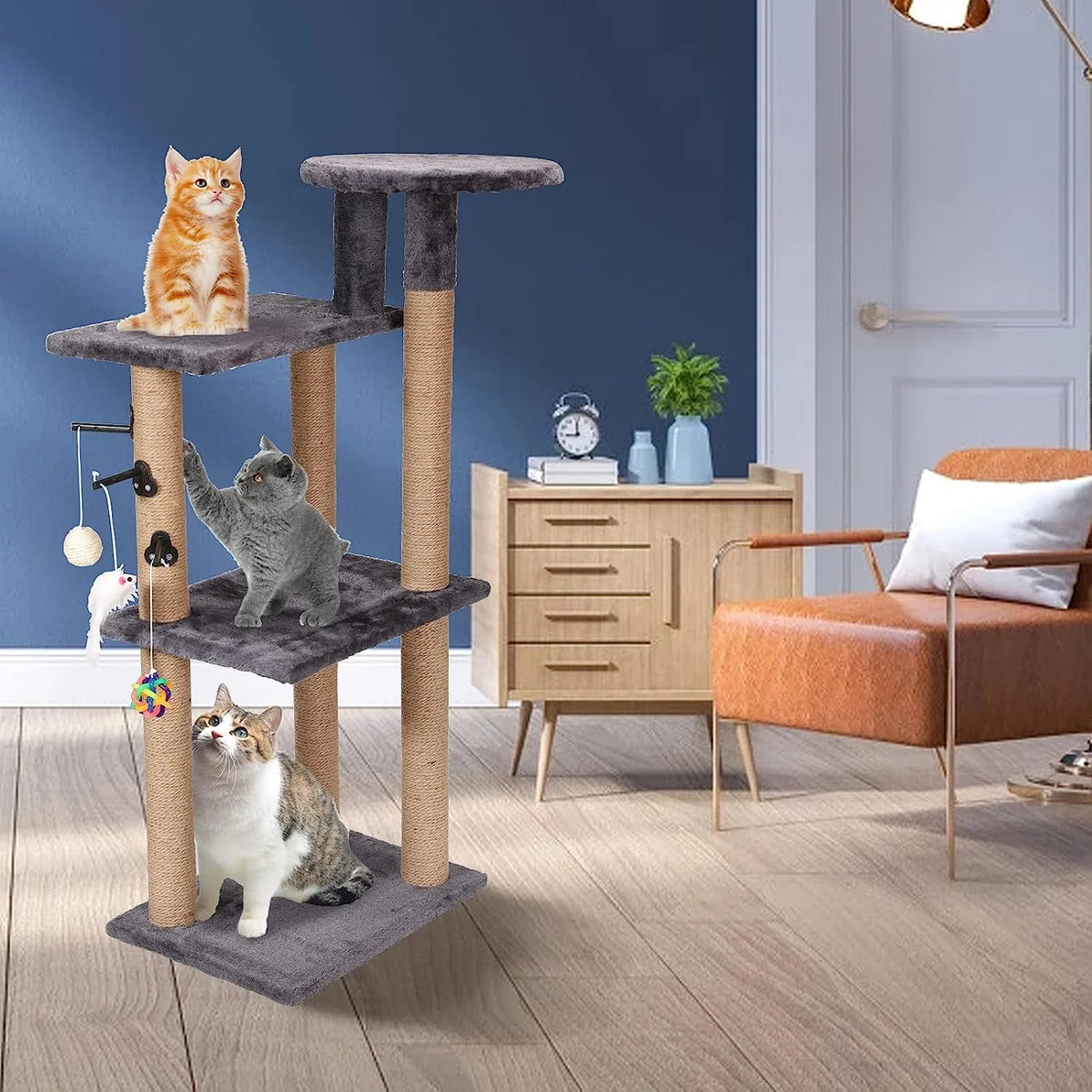 PinkSheep 4 Tier Cat Tree Tower Scratching Post Climber with Sisal Toys & Cat Perch Bed for Small Medium Cats Gray