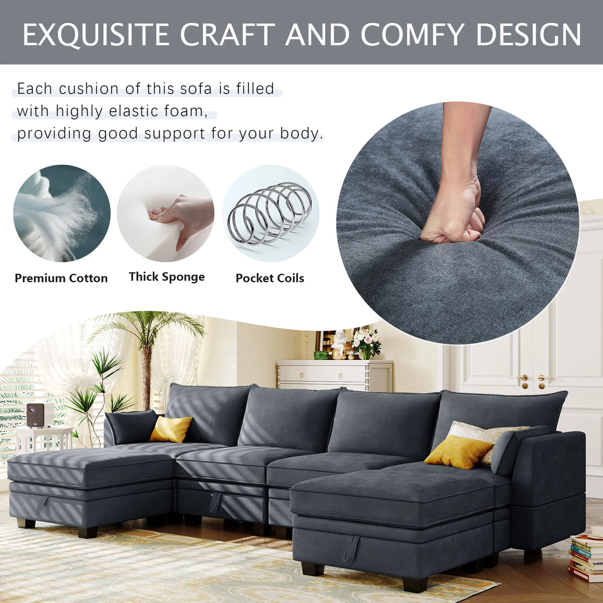 EUROCO 115" Large U/L Shaped Sectional Sofa, 1200LBS 6 Seat Convertible Couch Queen Size Sleeper Bed with Storage Seat and Removable Cushions, Modular Sofa with 2 Stools