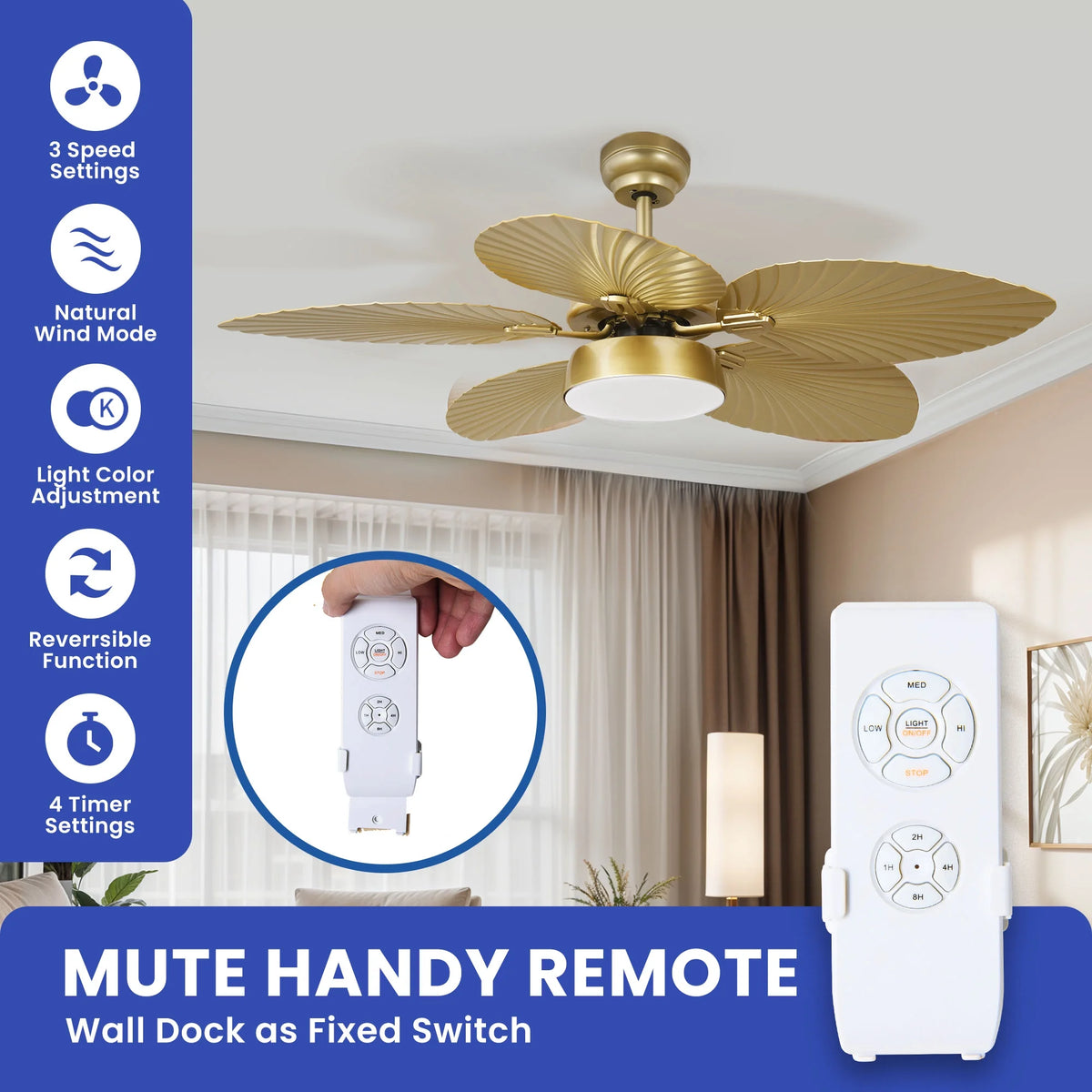 ModFusion 52" Gold Tropical Ceiling Fan with LED Light & Remote �C Palm Leaf Blades, Quiet Reversible DC Motor Indoor/Outdoor