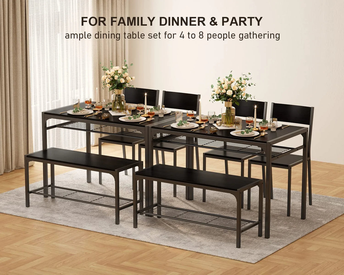 Lofka Dining Table Set for 4, Kitchen Table and Chairs Set with Bench for Small Space,  Breakfast Nook, Black