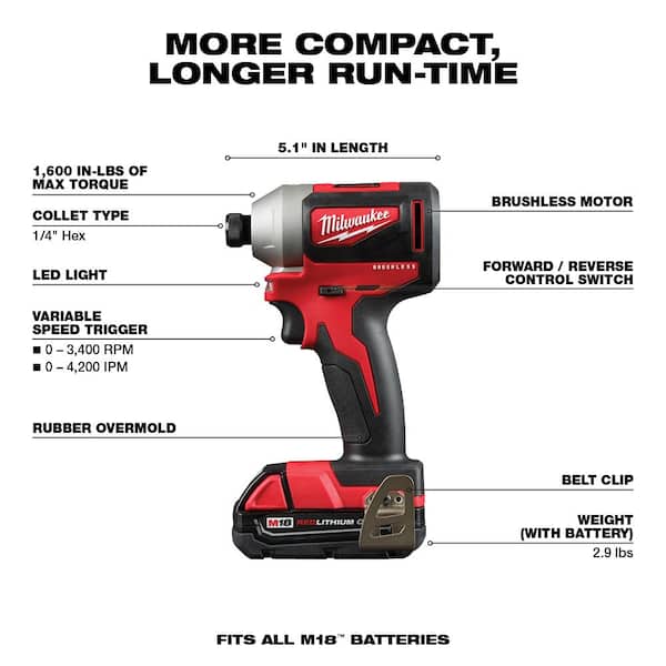 M18 18V Lithium-Ion Brushless Cordless Compact Drill/Impact Combo Kit (2-Tool) W/ (2) 2.0Ah Batteries, Charger & Bag