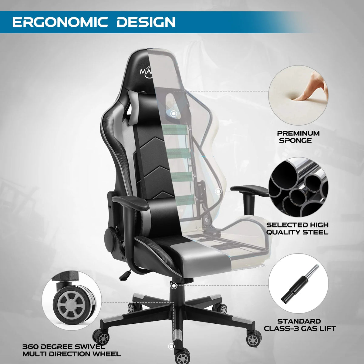 Polar Aurora Gaming Chair Computer Racing Style Video Chairs with Headrest Lumbar Support