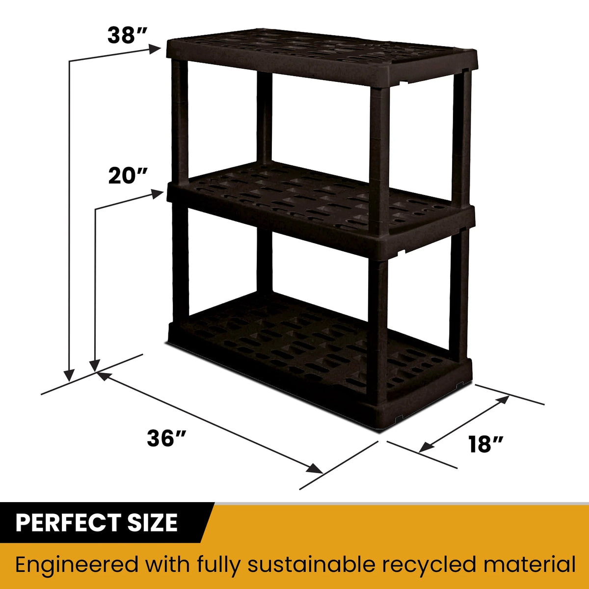 Hyper Tough Large 3-Tier Shelving Unit, W36 x D18 x H38" Interlocking Multipurpose Garage Plastic Shelf Organizer, Black