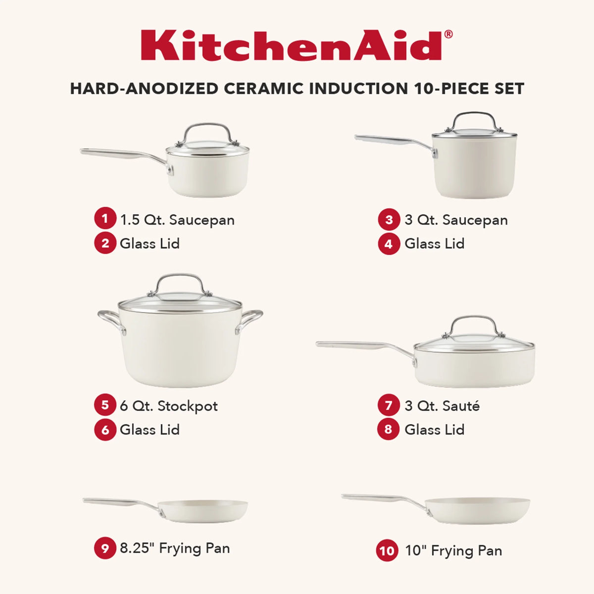 KitchenAid Hard-Anodized 10 Pcs Ceramic Induction Cookware Set, Dishwasher Safe and Oven Safe to 500?��F, Porcelain White