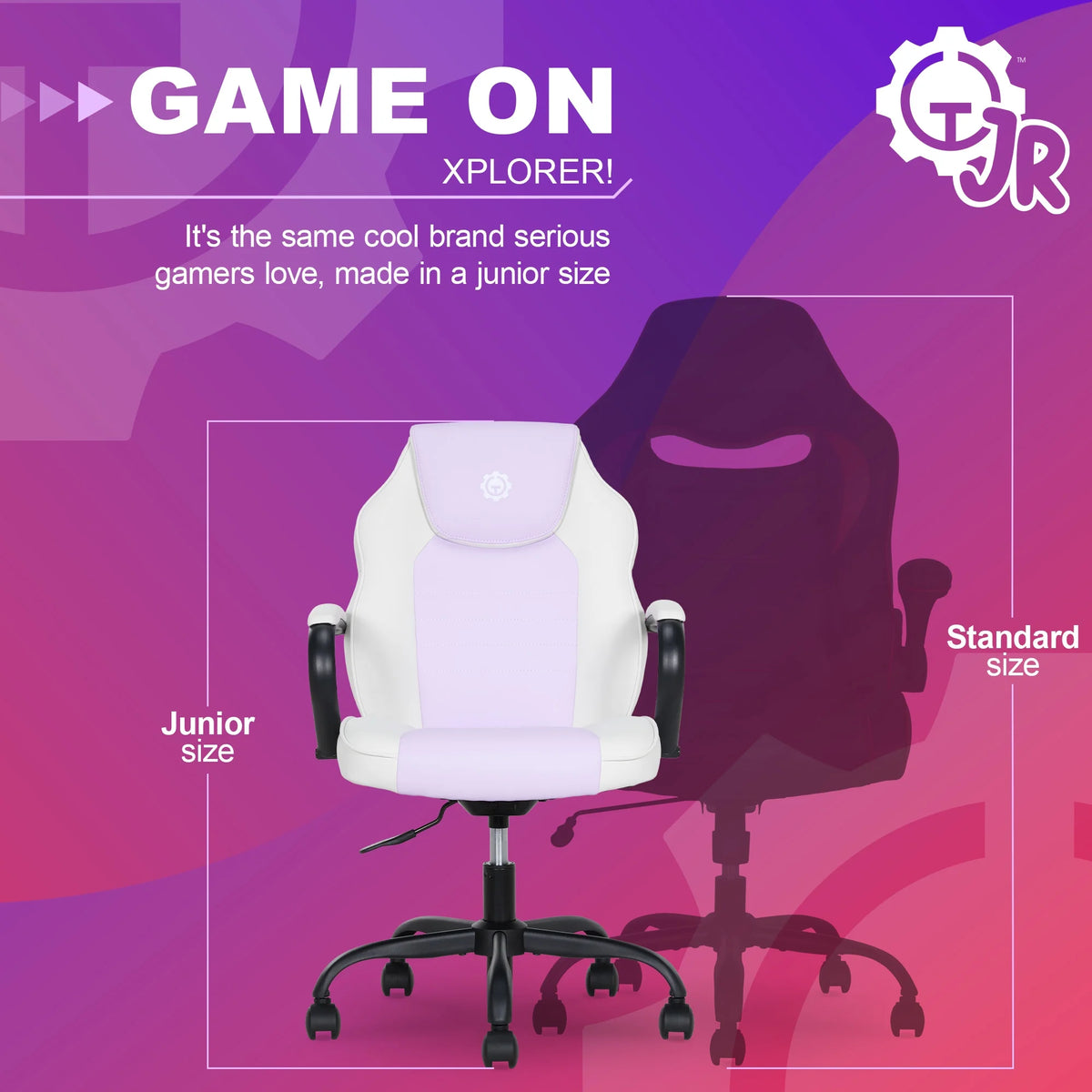 Gamer Gear Jr. Xplorer Gaming and Computer Chair, Kids and Teens Gaming Chair with Padded Arms, Adjustable Height, White and Black