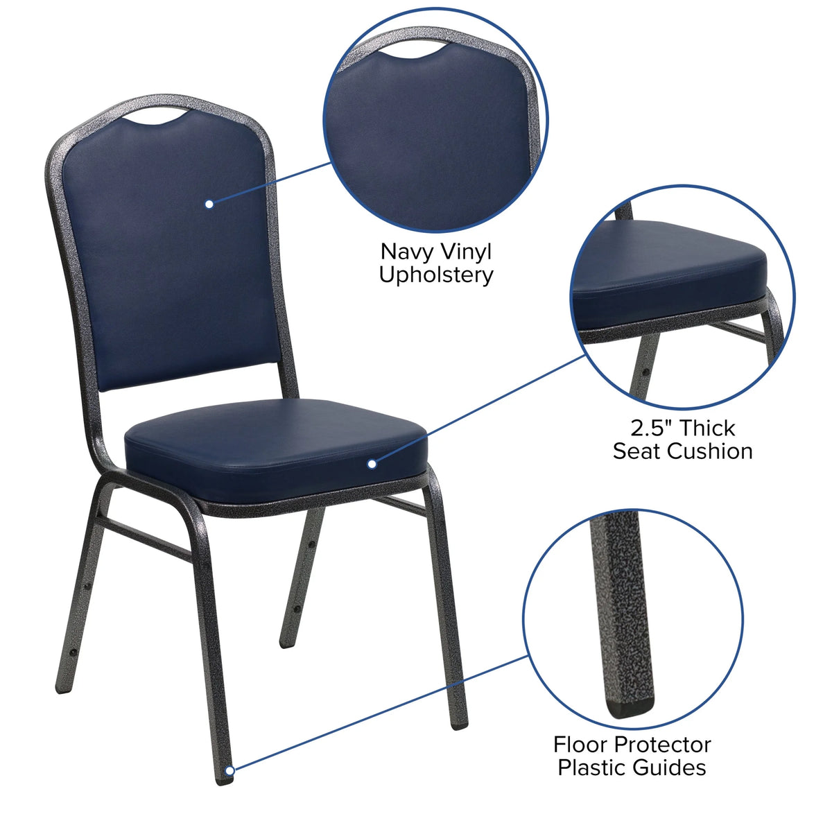 Emma + Oliver 4 Pack Crown Back Stacking Banquet Chair in Navy Vinyl - Silver Vein Frame