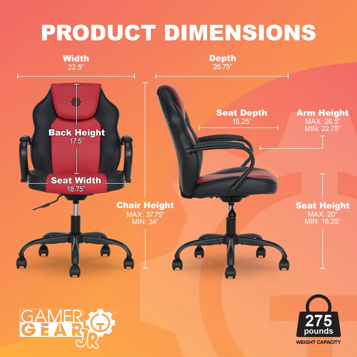 Gamer Gear Jr. Xplorer Gaming and Computer Chair, Kids and Teens Gaming Chair with Padded Arms, Adjustable Height, White and Black