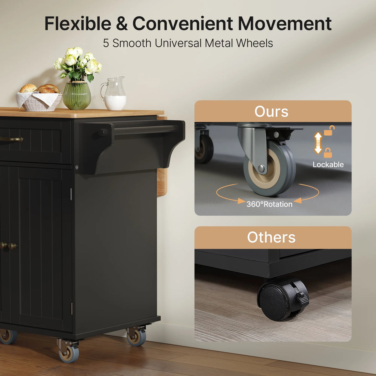 Noelse Rolling Kitchen Island with Drop Leaf Table and Hidden Trash Cabinet, Mobile Kitchen Cart with Storage Drawer, Adjustable Shelves & Rubberwood Countertop on Wheels, White